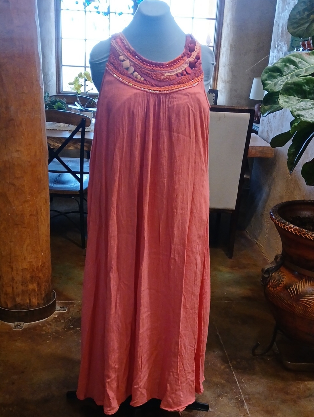 Embellished neckline maxi dress coral color